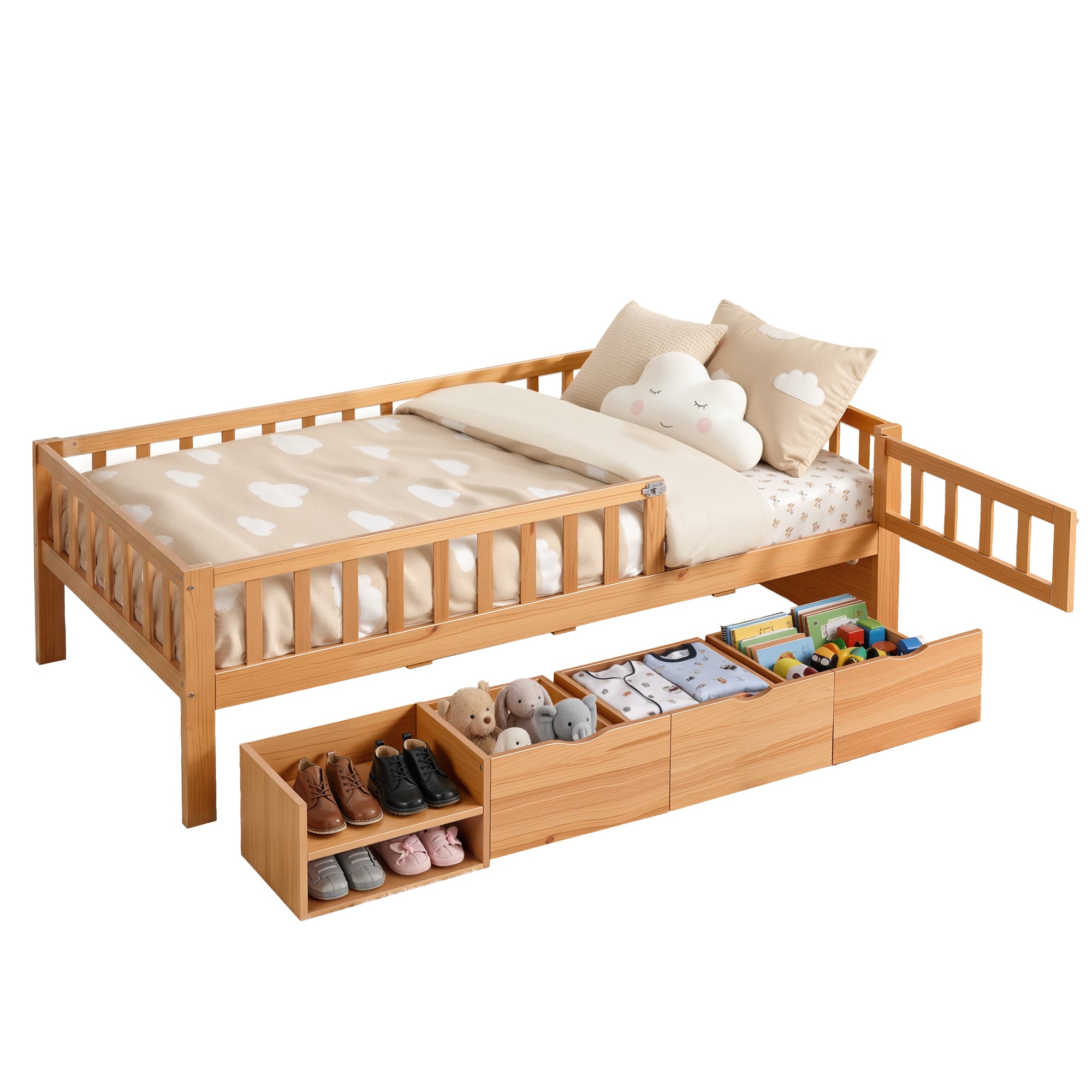 Beds & Bed Frames: Artiss Kids Single Bed Frame with 3 Storage Drawer Montessori Bed for Toddler Natural