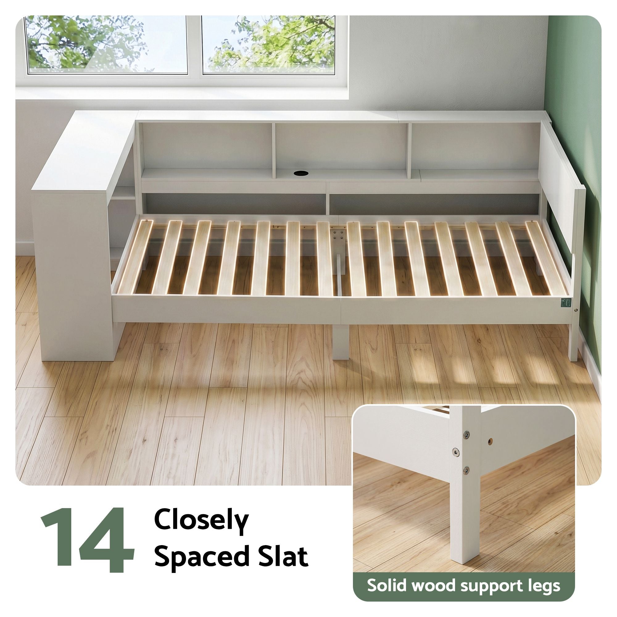 Artiss White Single Solid Wood Corner Platform Bed Frame with Built-in Desk, Storage Shelves and USB-C Charging Station for Small Spaces, Wooden Bed Base for Guest Room
