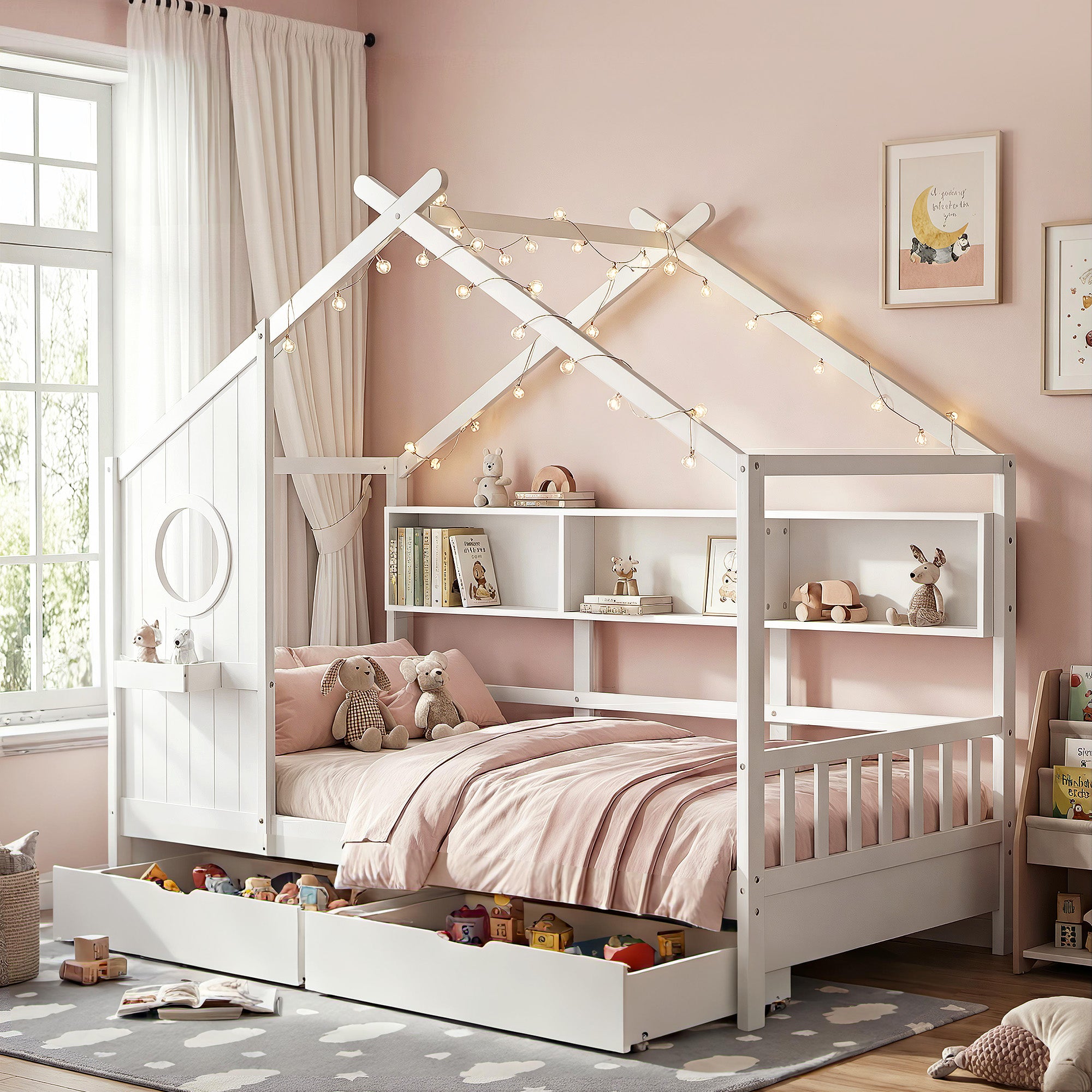 Beds & Bed Frames: Artiss Kids Single Bed Frame with 3 Storage Bookcase & 2 Drawers House Bed Solid Wood Montessori Bed Easy Assembly White