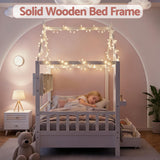 Beds & Bed Frames: Artiss Kids Single Bed Frame with 3 Storage Bookcase & 2 Drawers House Bed Solid Wood Montessori Bed Easy Assembly White