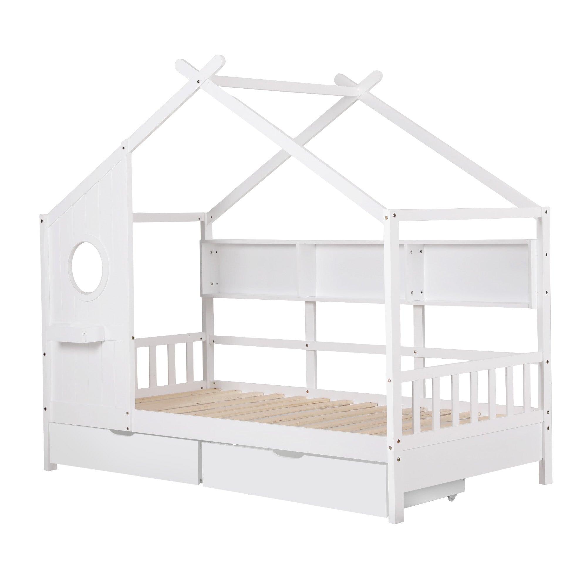 Beds & Bed Frames: Artiss Kids Single Bed Frame with 3 Storage Bookcase & 2 Drawers House Bed Solid Wood Montessori Bed Easy Assembly White