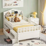 TV Units: Artiss Single Bed Frame with 2 Storage Drawers, Montessori Bed with Headboard, 2 USB Ports & Led Light, Solid Wood Platform Bed Base with Safety Rail & Ladder, 31CM Under-Bed Storage, White
