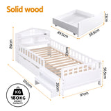 TV Units: Artiss Single Bed Frame with 2 Storage Drawers, Montessori Bed with Headboard, 2 USB Ports & Led Light, Solid Wood Platform Bed Base with Safety Rail & Ladder, 31CM Under-Bed Storage, White