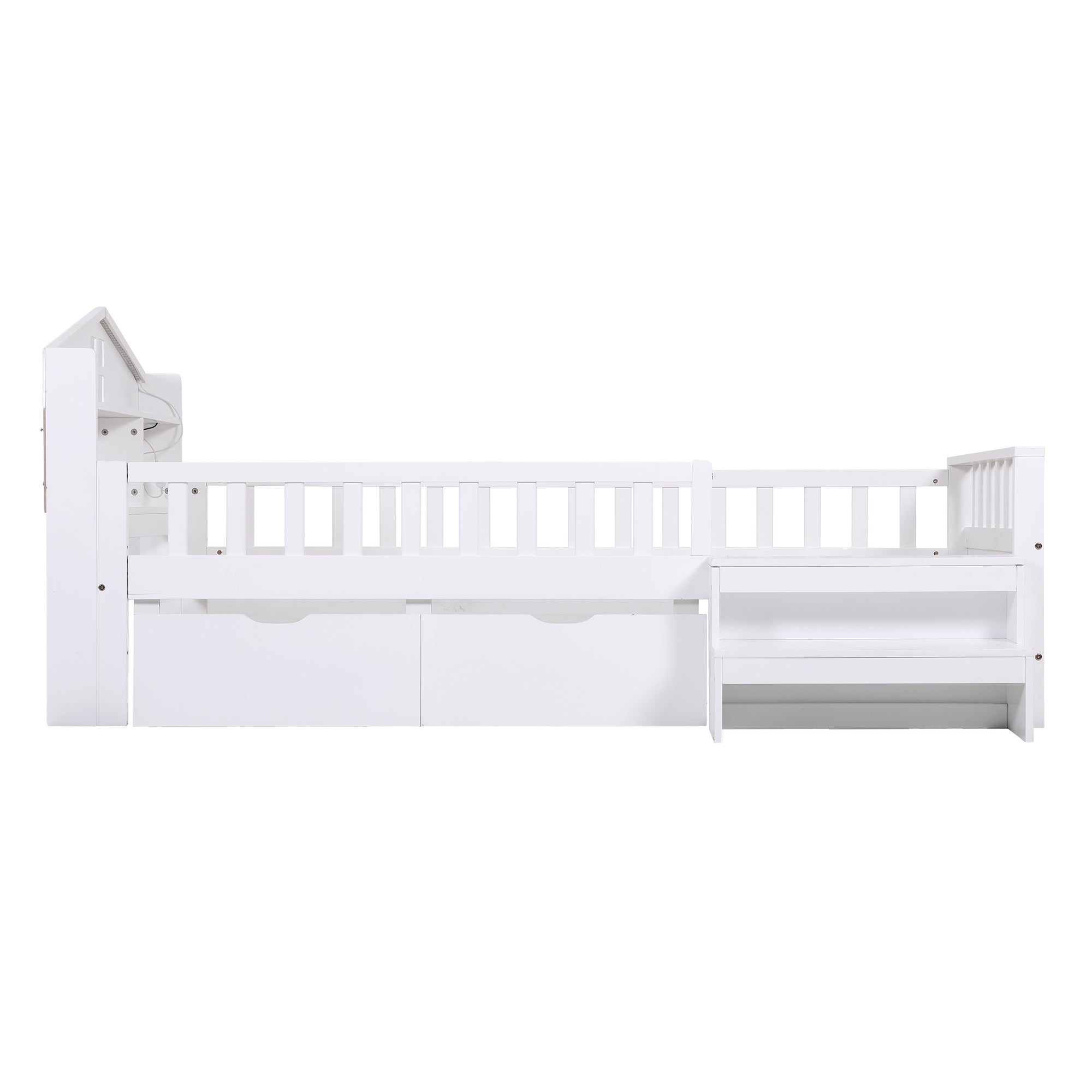TV Units: Artiss Single Bed Frame with 2 Storage Drawers, Montessori Bed with Headboard, 2 USB Ports & Led Light, Solid Wood Platform Bed Base with Safety Rail & Ladder, 31CM Under-Bed Storage, White