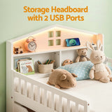 TV Units: Artiss Single Bed Frame with 2 Storage Drawers, Montessori Bed with Headboard, 2 USB Ports & Led Light, Solid Wood Platform Bed Base with Safety Rail & Ladder, 31CM Under-Bed Storage, White
