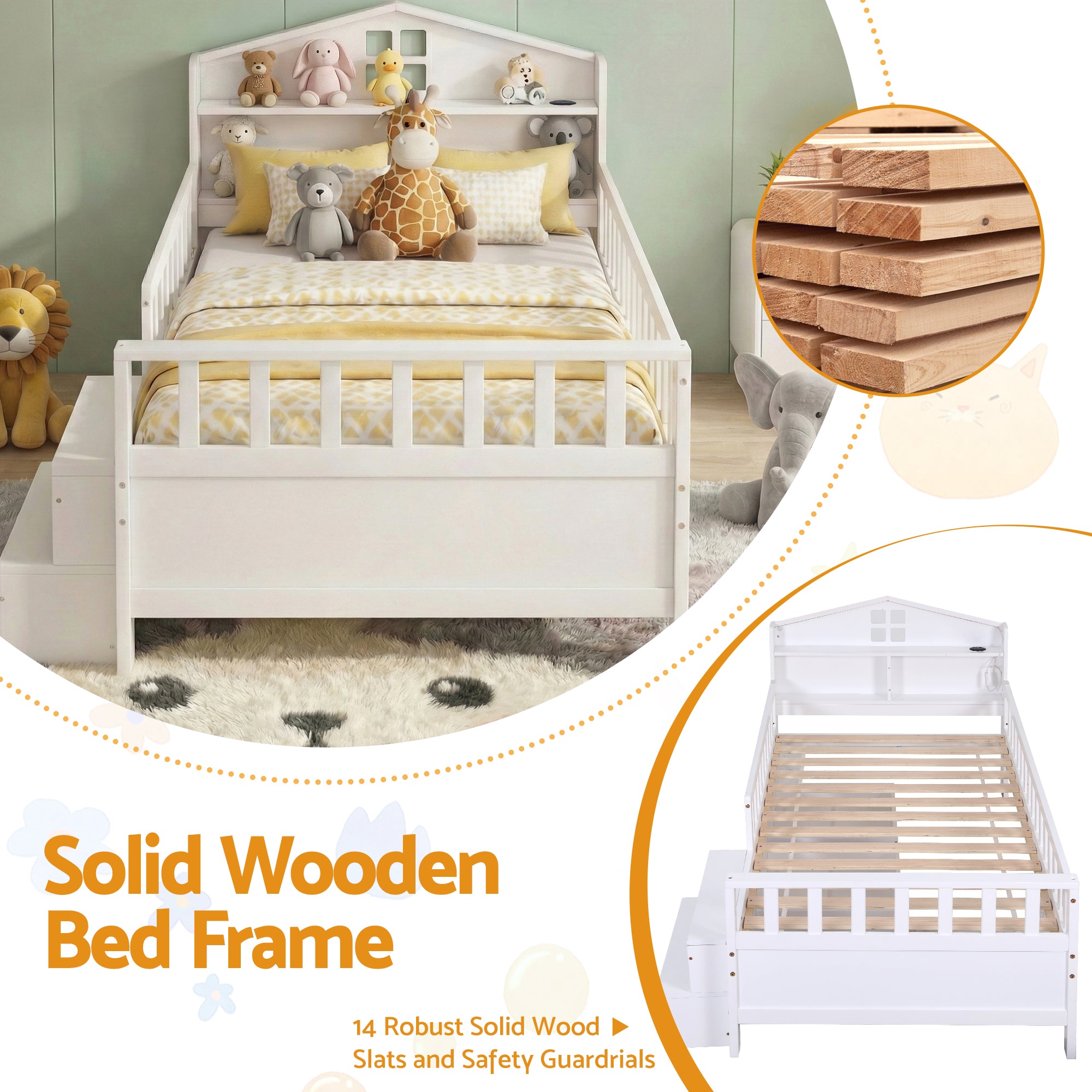 TV Units: Artiss Single Bed Frame with 2 Storage Drawers, Montessori Bed with Headboard, 2 USB Ports & Led Light, Solid Wood Platform Bed Base with Safety Rail & Ladder, 31CM Under-Bed Storage, White