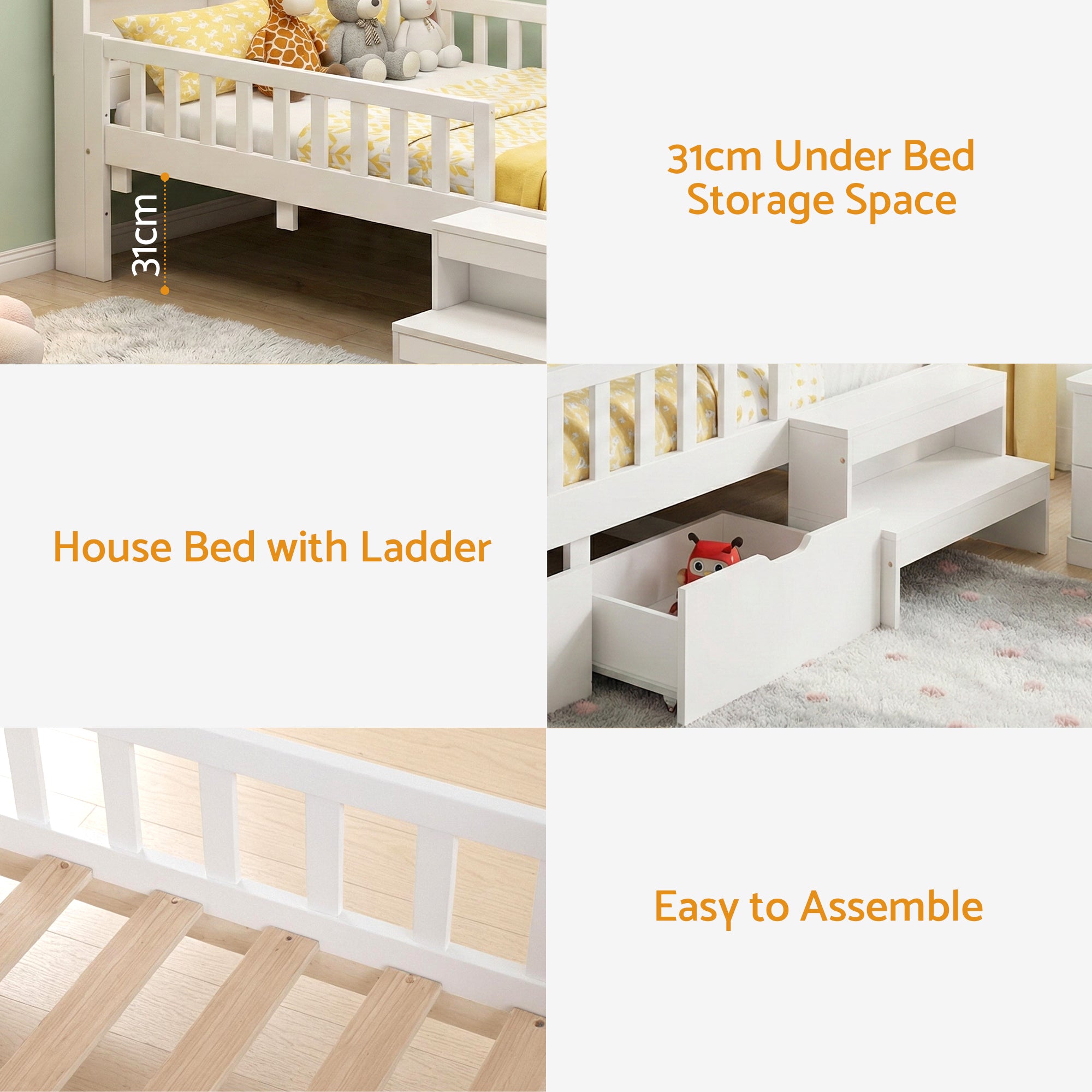 TV Units: Artiss Single Bed Frame with 2 Storage Drawers, Montessori Bed with Headboard, 2 USB Ports & Led Light, Solid Wood Platform Bed Base with Safety Rail & Ladder, 31CM Under-Bed Storage, White