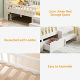 TV Units: Artiss Single Bed Frame with 2 Storage Drawers, Montessori Bed with Headboard, 2 USB Ports & Led Light, Solid Wood Platform Bed Base with Safety Rail & Ladder, 31CM Under-Bed Storage, White