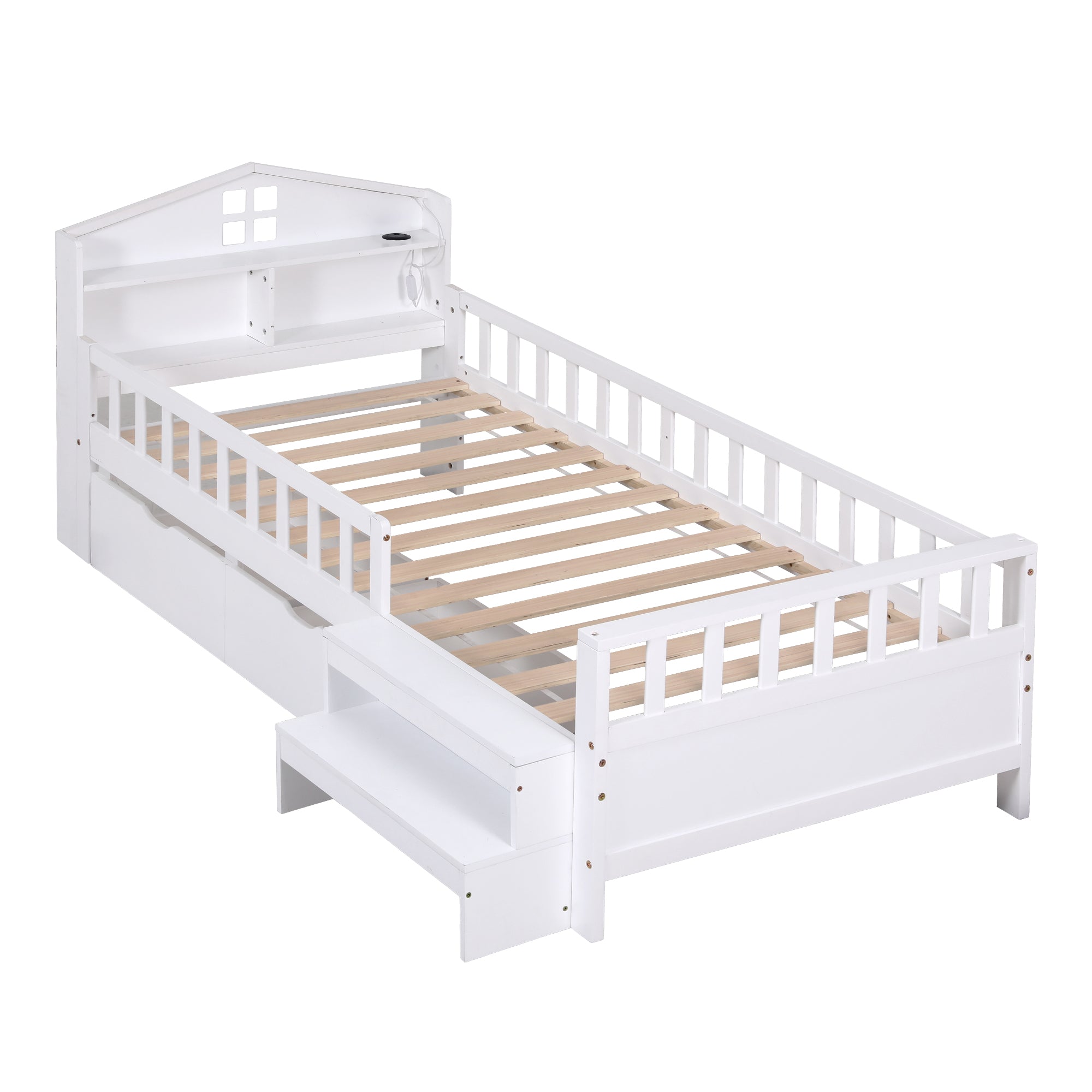 TV Units: Artiss Single Bed Frame with 2 Storage Drawers, Montessori Bed with Headboard, 2 USB Ports & Led Light, Solid Wood Platform Bed Base with Safety Rail & Ladder, 31CM Under-Bed Storage, White