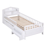 TV Units: Artiss Single Bed Frame with 2 Storage Drawers, Montessori Bed with Headboard, 2 USB Ports & Led Light, Solid Wood Platform Bed Base with Safety Rail & Ladder, 31CM Under-Bed Storage, White