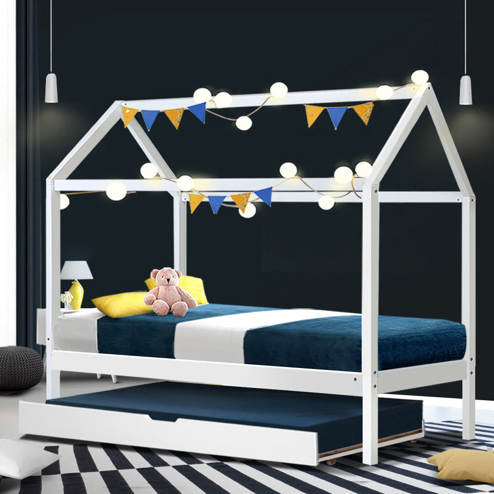 Kid's Beds & Bed Frames: Artiss Bed Frame Wooden Trundle Daybed Kids House Frame White HOLY