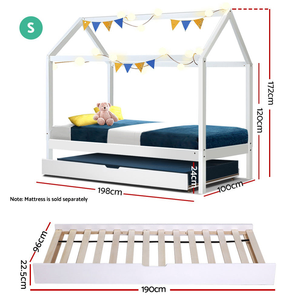 Kid's Beds & Bed Frames: Artiss Bed Frame Wooden Trundle Daybed Kids House Frame White HOLY