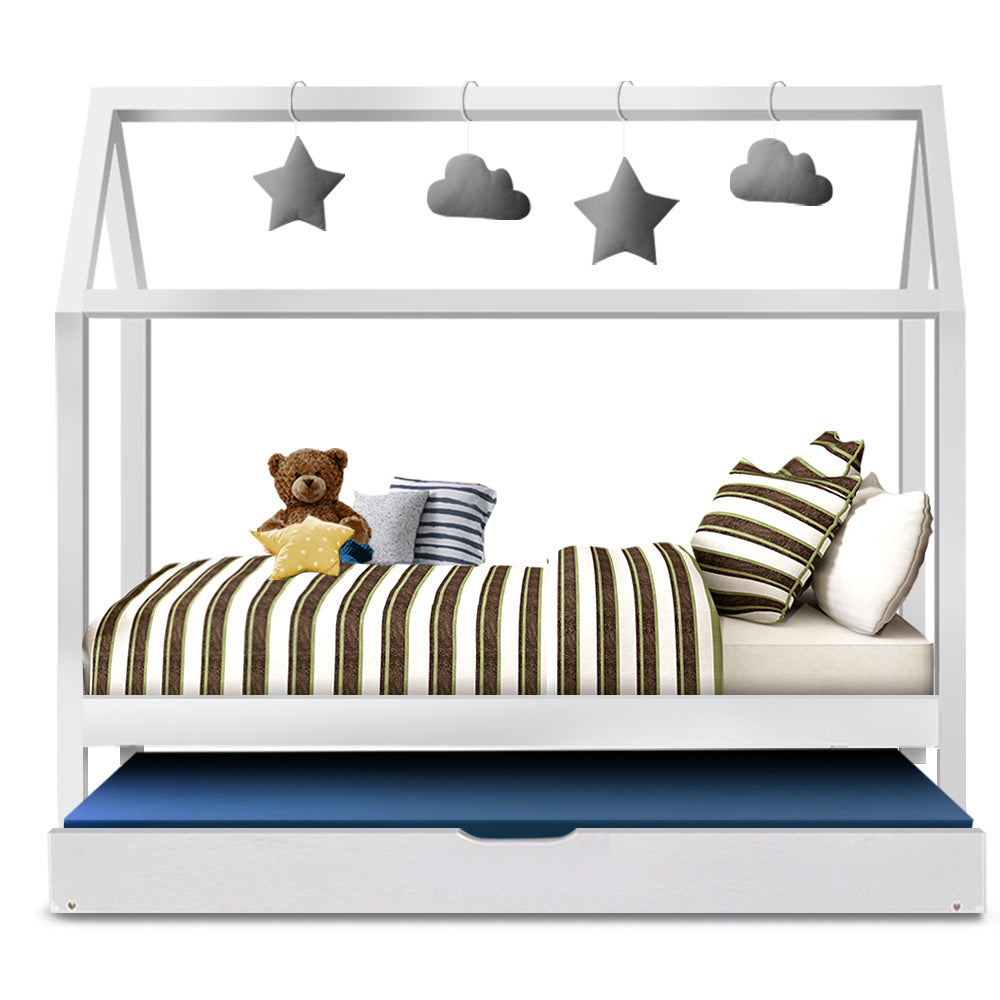 Kid's Beds & Bed Frames: Artiss Bed Frame Wooden Trundle Daybed Kids House Frame White HOLY