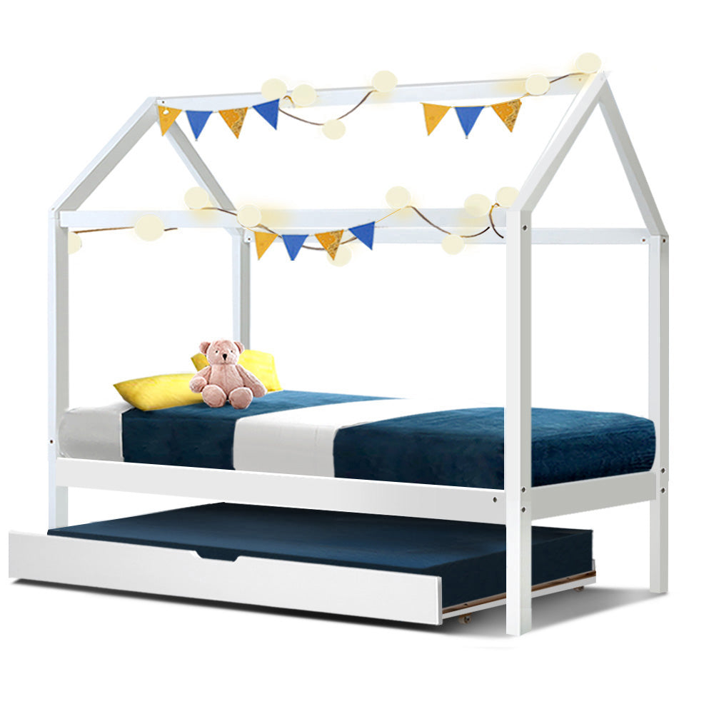 Kid's Beds & Bed Frames: Artiss Bed Frame Wooden Trundle Daybed Kids House Frame White HOLY