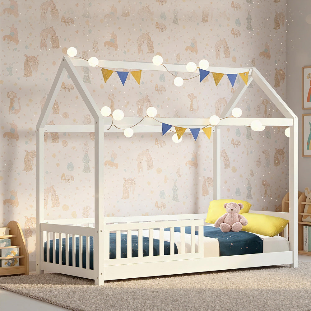 Kid's Beds & Bed Frames: Artiss Bed Frame Wooden Kids House Frame White ROCK