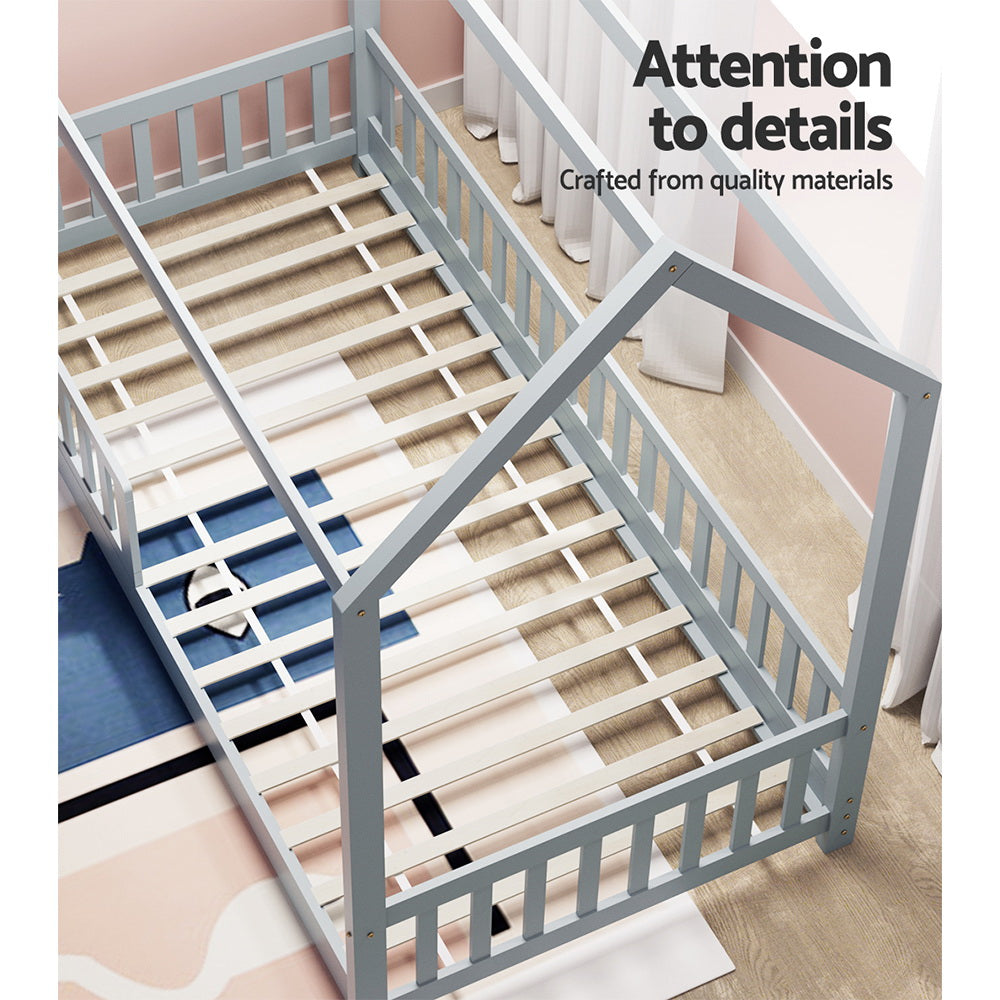 Kid's Beds & Bed Frames: Artiss Bed Frame Wooden Kids House Frame Grey ROCK