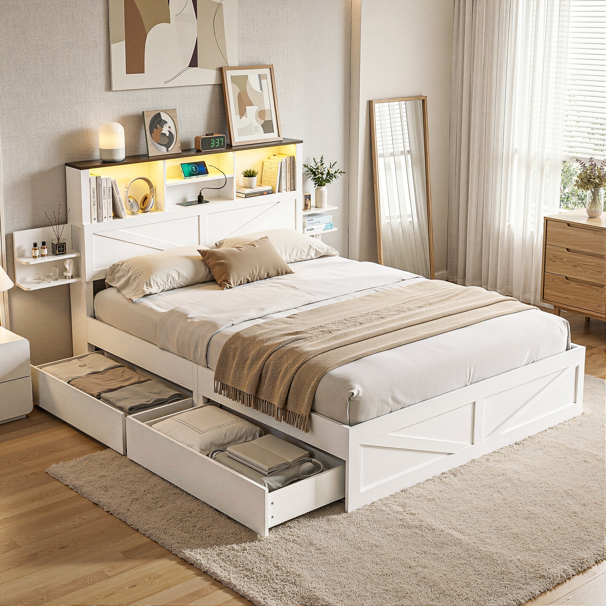 Beds & Bed Frames: Artiss Double Bed Frame with Storage Drawers White Platform Bedframe with Bookcase Headboard Charging Station Led Light