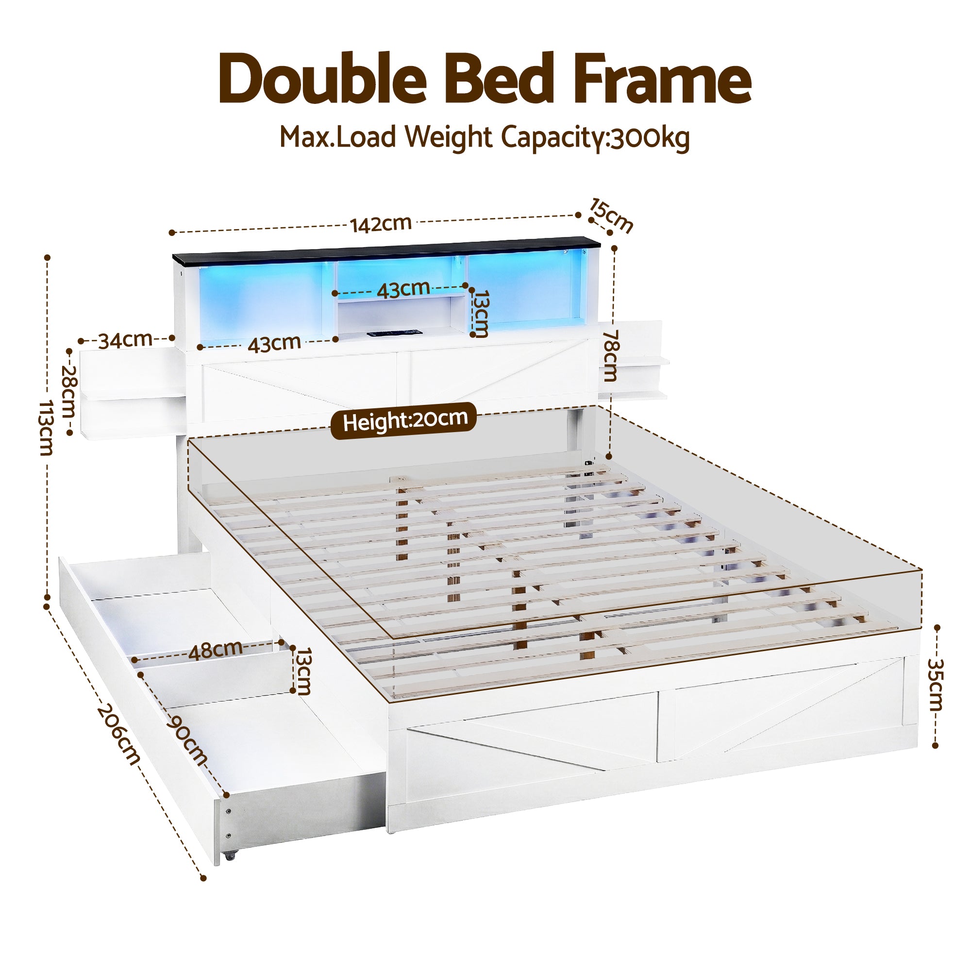 Beds & Bed Frames: Artiss Double Bed Frame with Storage Drawers White Platform Bedframe with Bookcase Headboard Charging Station Led Light