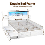 Beds & Bed Frames: Artiss Double Bed Frame with Storage Drawers White Platform Bedframe with Bookcase Headboard Charging Station Led Light