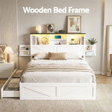 Beds & Bed Frames: Artiss Double Bed Frame with Storage Drawers White Platform Bedframe with Bookcase Headboard Charging Station Led Light