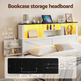 Beds & Bed Frames: Artiss Double Bed Frame with Storage Drawers White Platform Bedframe with Bookcase Headboard Charging Station Led Light