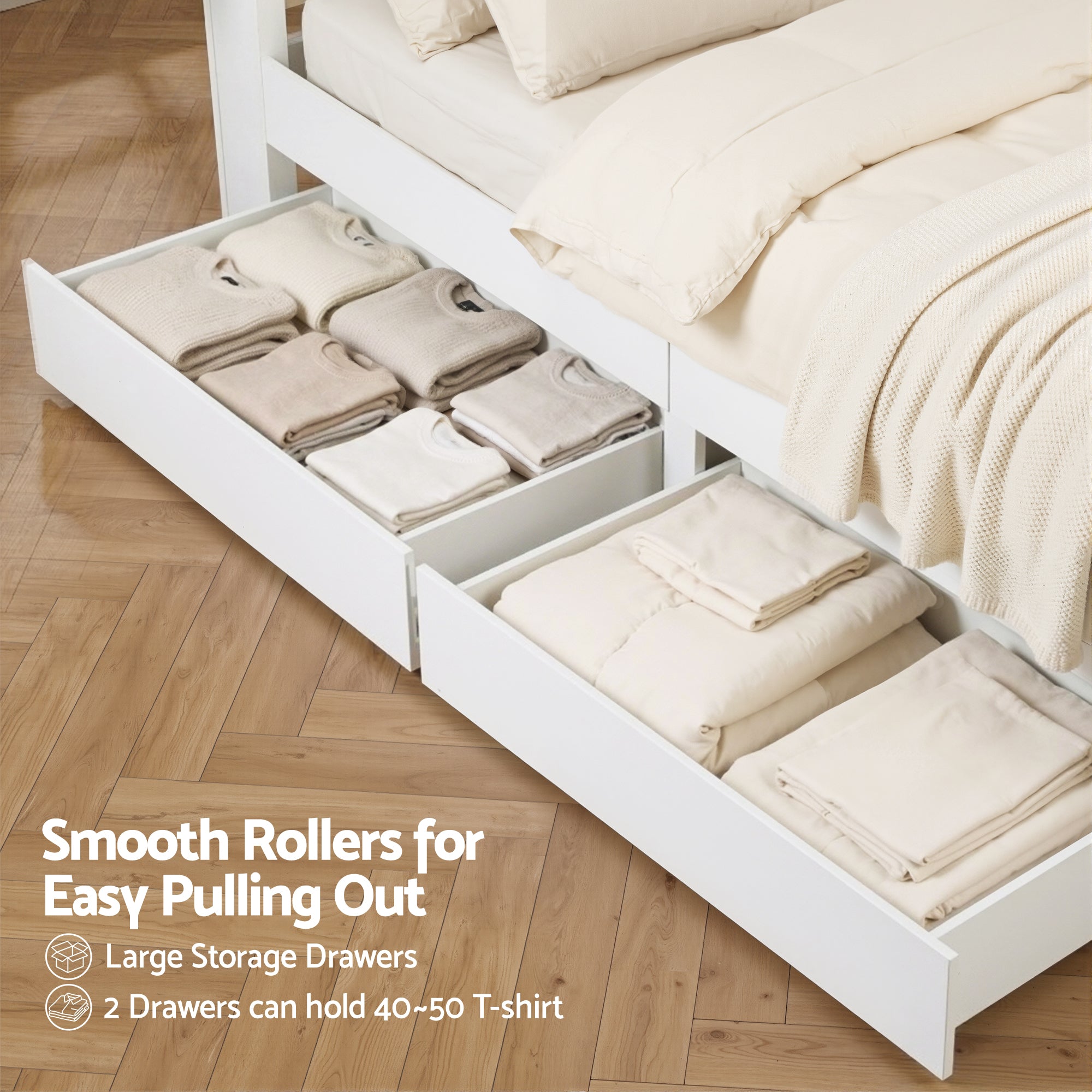 Beds & Bed Frames: Artiss Double Bed Frame with Storage Drawers White Platform Bedframe with Bookcase Headboard Charging Station Led Light