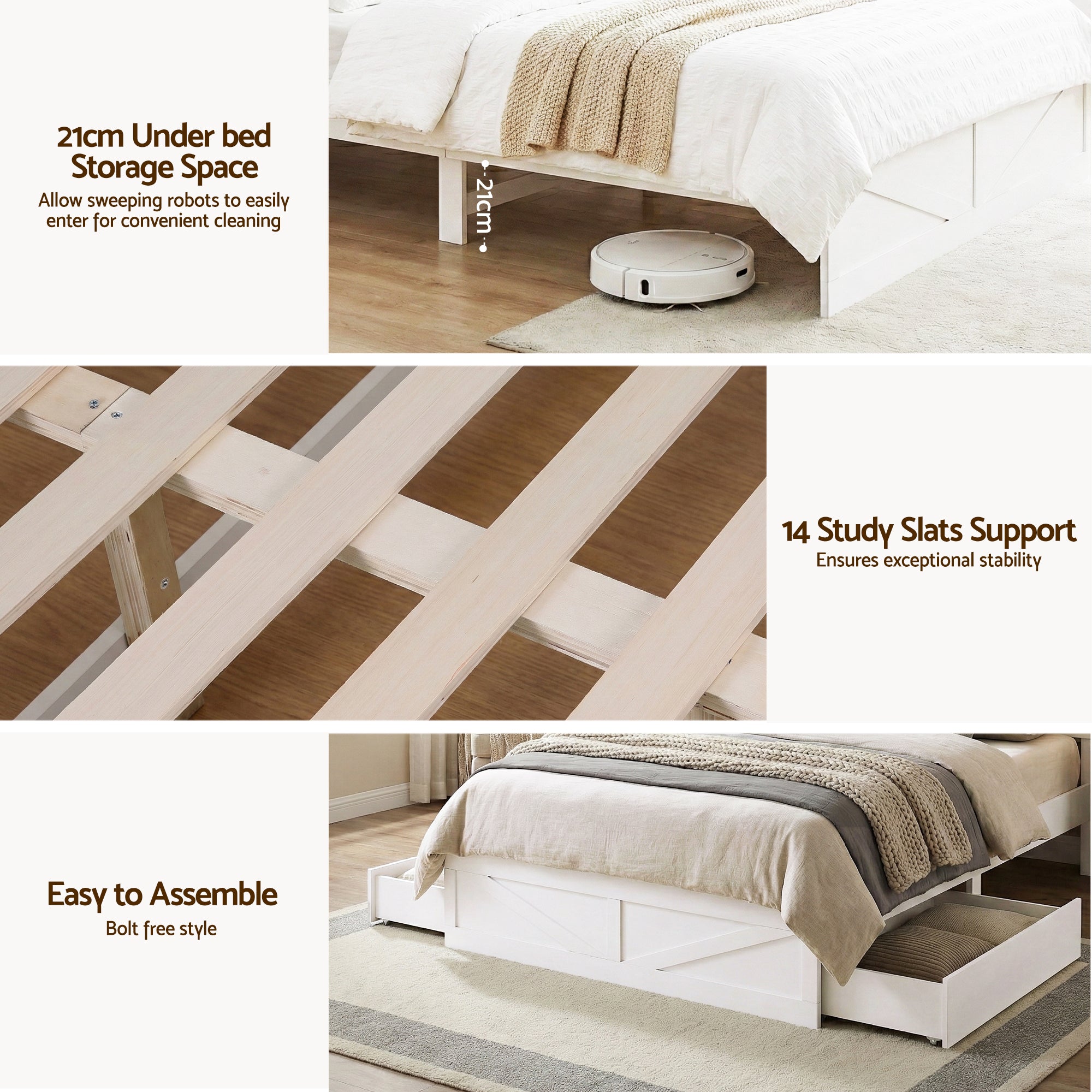 Beds & Bed Frames: Artiss Double Bed Frame with Storage Drawers White Platform Bedframe with Bookcase Headboard Charging Station Led Light