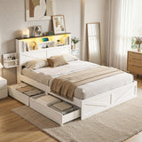 Beds & Bed Frames: Artiss Queen Bed Frame with Storage Drawers White Platform Bedframe with Bookcase Headboard Charging Station Led Light