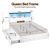 Beds & Bed Frames: Artiss Queen Bed Frame with Storage Drawers White Platform Bedframe with Bookcase Headboard Charging Station Led Light