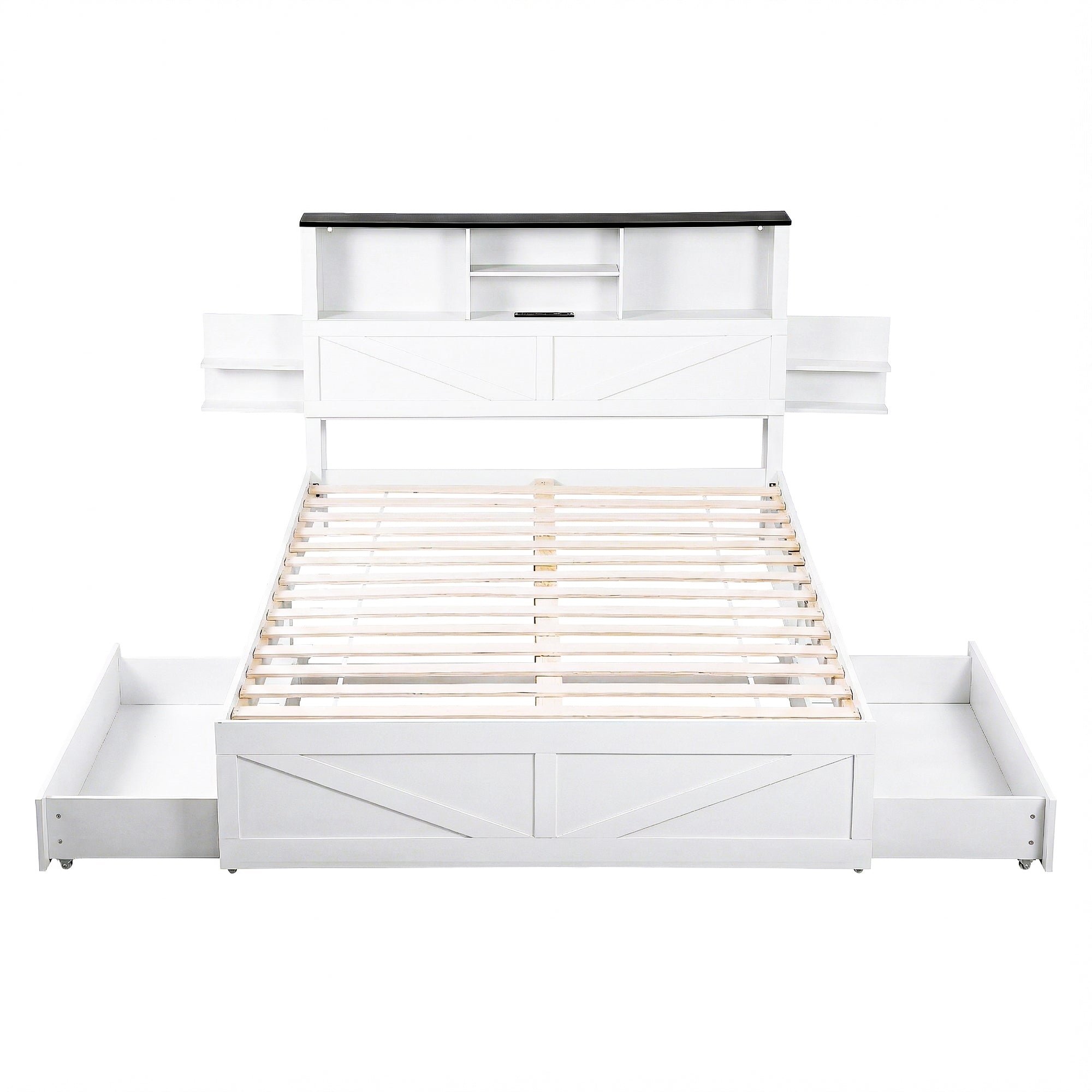 Beds & Bed Frames: Artiss Queen Bed Frame with Storage Drawers White Platform Bedframe with Bookcase Headboard Charging Station Led Light