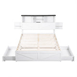 Beds & Bed Frames: Artiss Queen Bed Frame with Storage Drawers White Platform Bedframe with Bookcase Headboard Charging Station Led Light