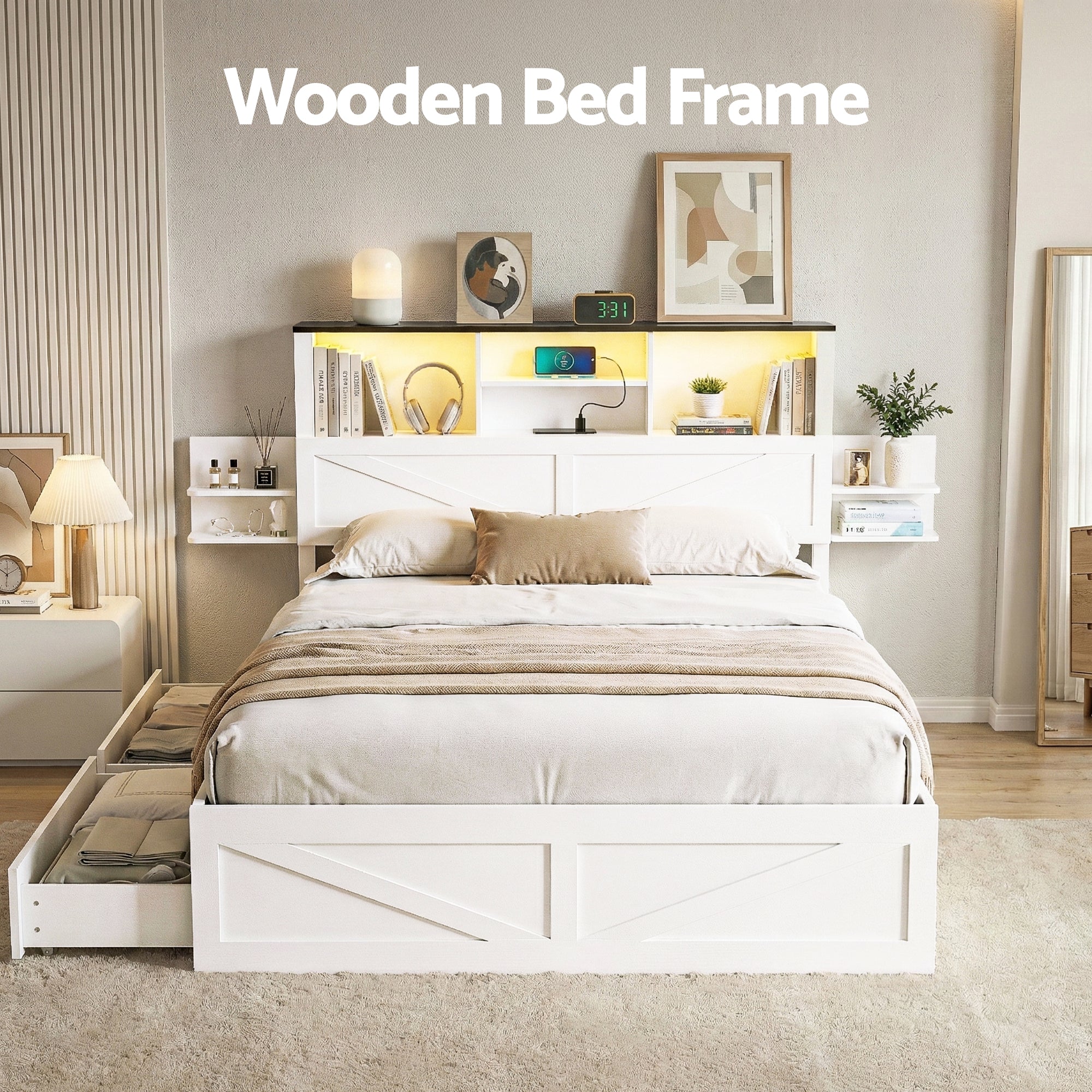 Beds & Bed Frames: Artiss Queen Bed Frame with Storage Drawers White Platform Bedframe with Bookcase Headboard Charging Station Led Light