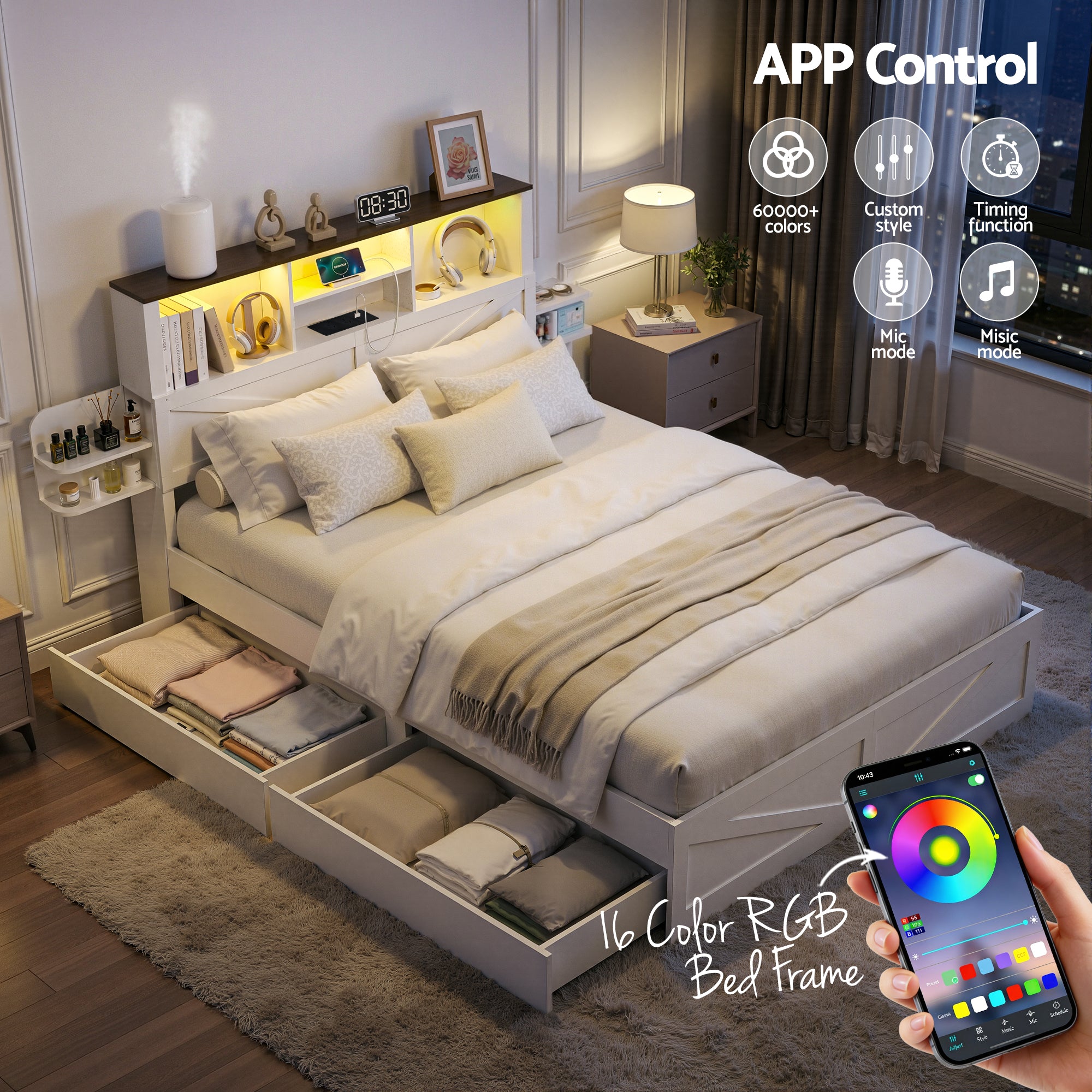 Beds & Bed Frames: Artiss Queen Bed Frame with Storage Drawers White Platform Bedframe with Bookcase Headboard Charging Station Led Light