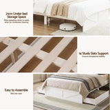 Beds & Bed Frames: Artiss Queen Bed Frame with Storage Drawers White Platform Bedframe with Bookcase Headboard Charging Station Led Light