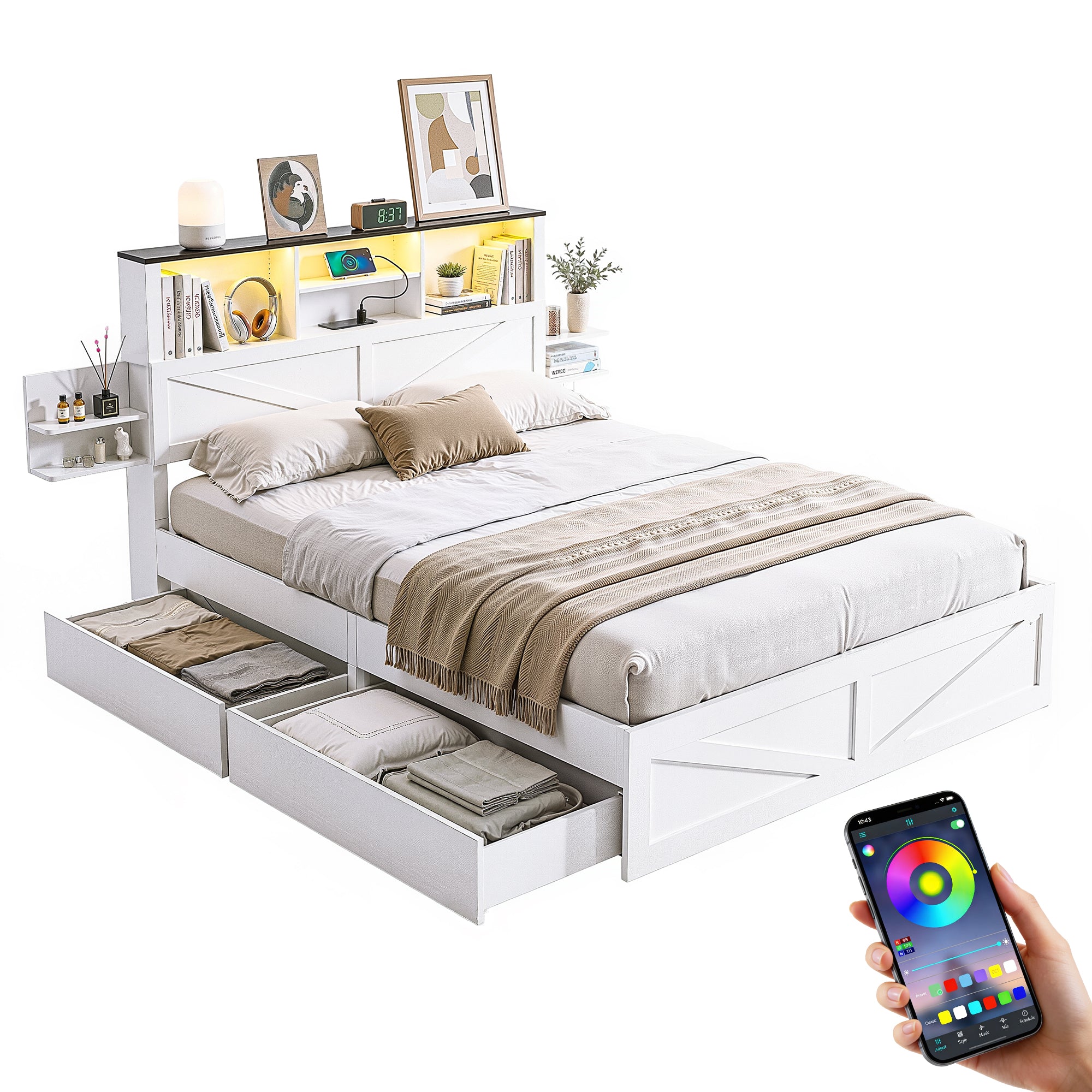 Beds & Bed Frames: Artiss Queen Bed Frame with Storage Drawers White Platform Bedframe with Bookcase Headboard Charging Station Led Light