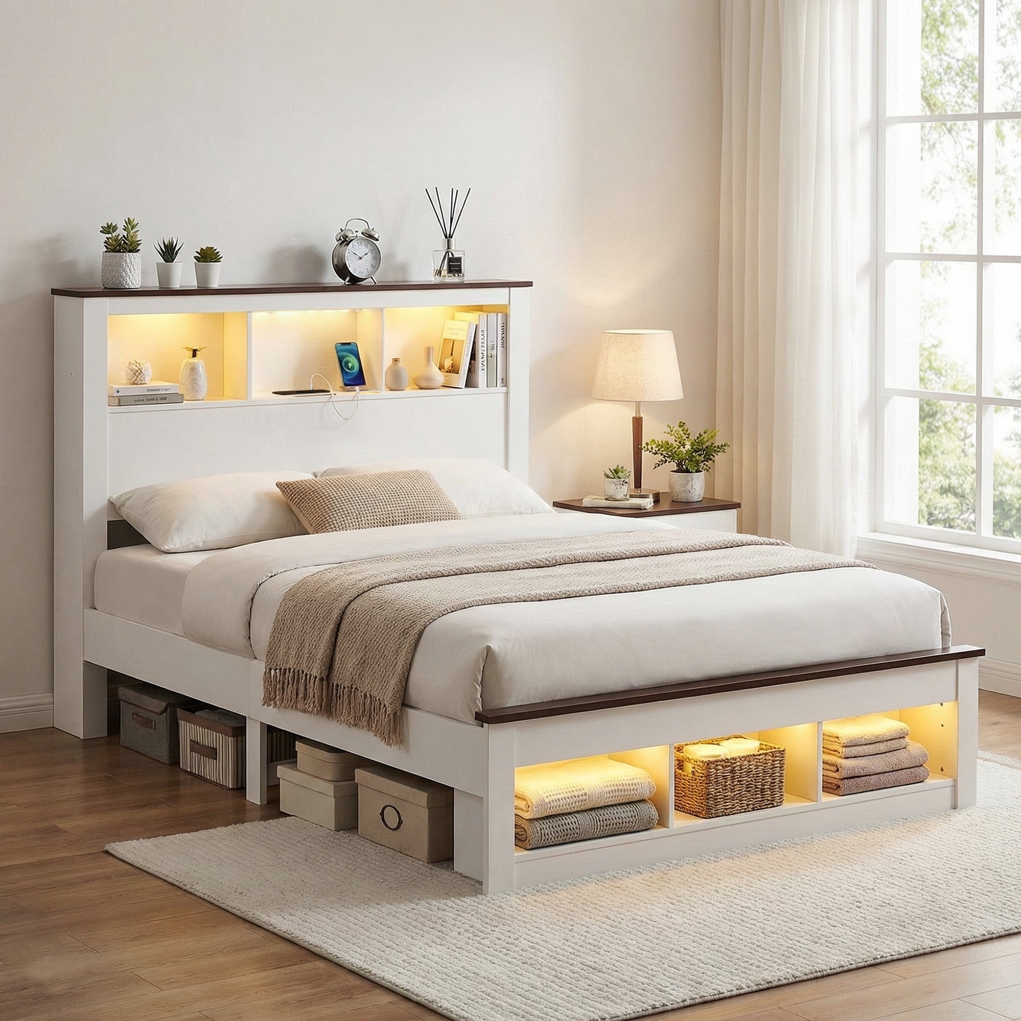 TV Units: Artiss Double Bed Frame with Storage Bookcase Headboard and Footboard White Wooden Platform Bed with Charging Station and Led Light Bedroom Furniture