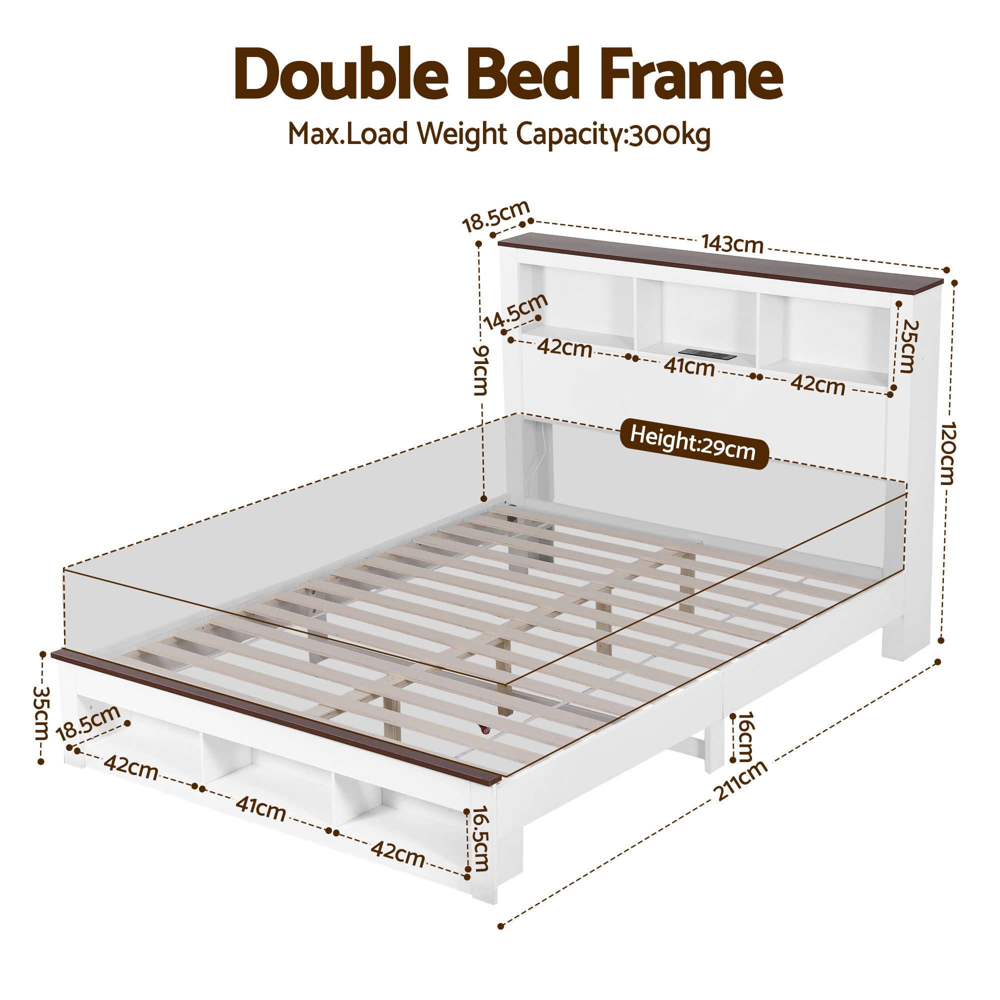 TV Units: Artiss Double Bed Frame with Storage Bookcase Headboard and Footboard White Wooden Platform Bed with Charging Station and Led Light Bedroom Furniture
