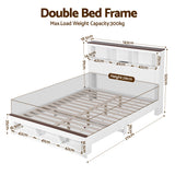 TV Units: Artiss Double Bed Frame with Storage Bookcase Headboard and Footboard White Wooden Platform Bed with Charging Station and Led Light Bedroom Furniture