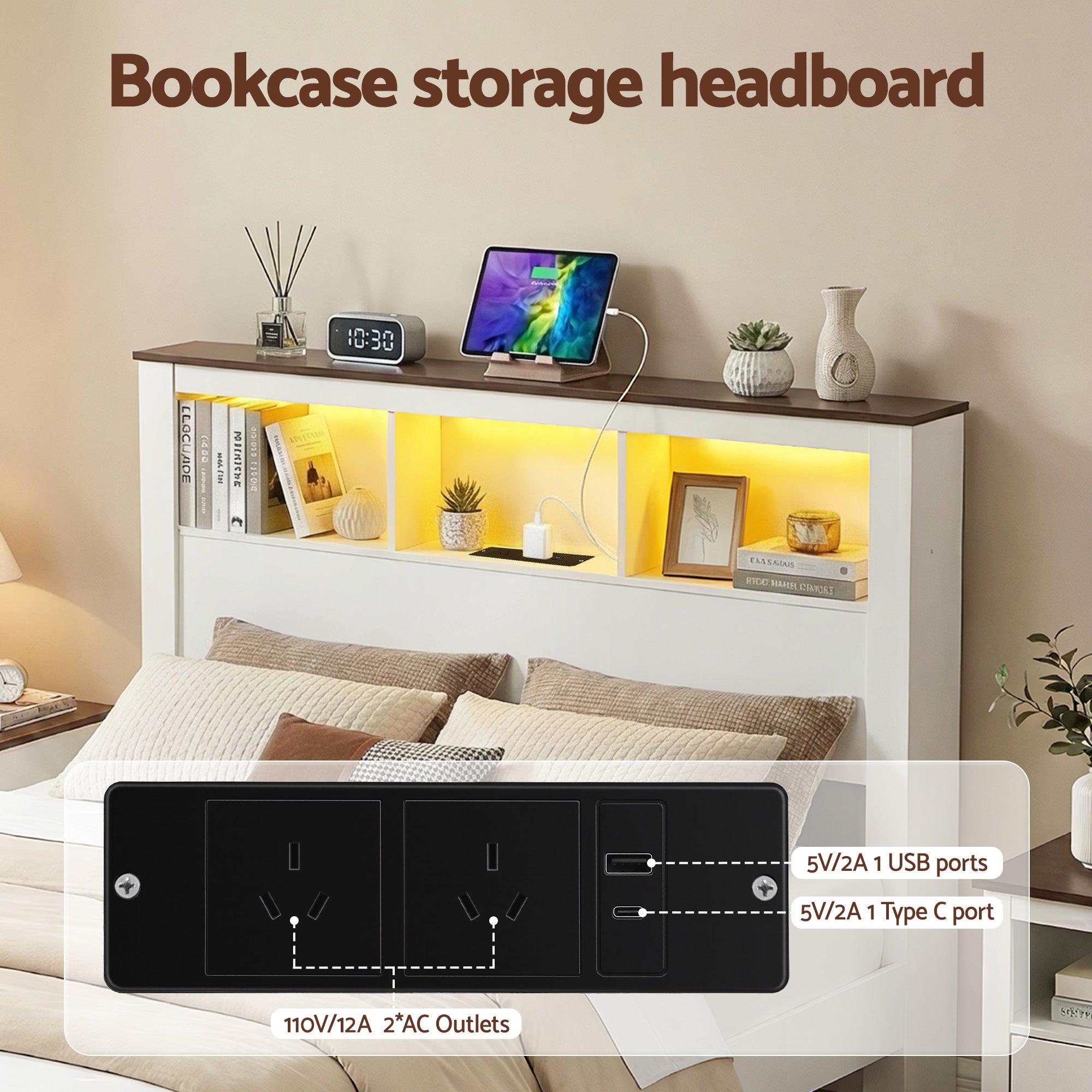 TV Units: Artiss Double Bed Frame with Storage Bookcase Headboard and Footboard White Wooden Platform Bed with Charging Station and Led Light Bedroom Furniture
