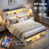 TV Units: Artiss Double Bed Frame with Storage Bookcase Headboard and Footboard White Wooden Platform Bed with Charging Station and Led Light Bedroom Furniture