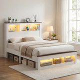 TV Units: Artiss Queen Bed Frame with Storage Bookcase Headboard and Footboard White Wooden Platform Bed with Charging Station and Led Light Bedroom Furniture