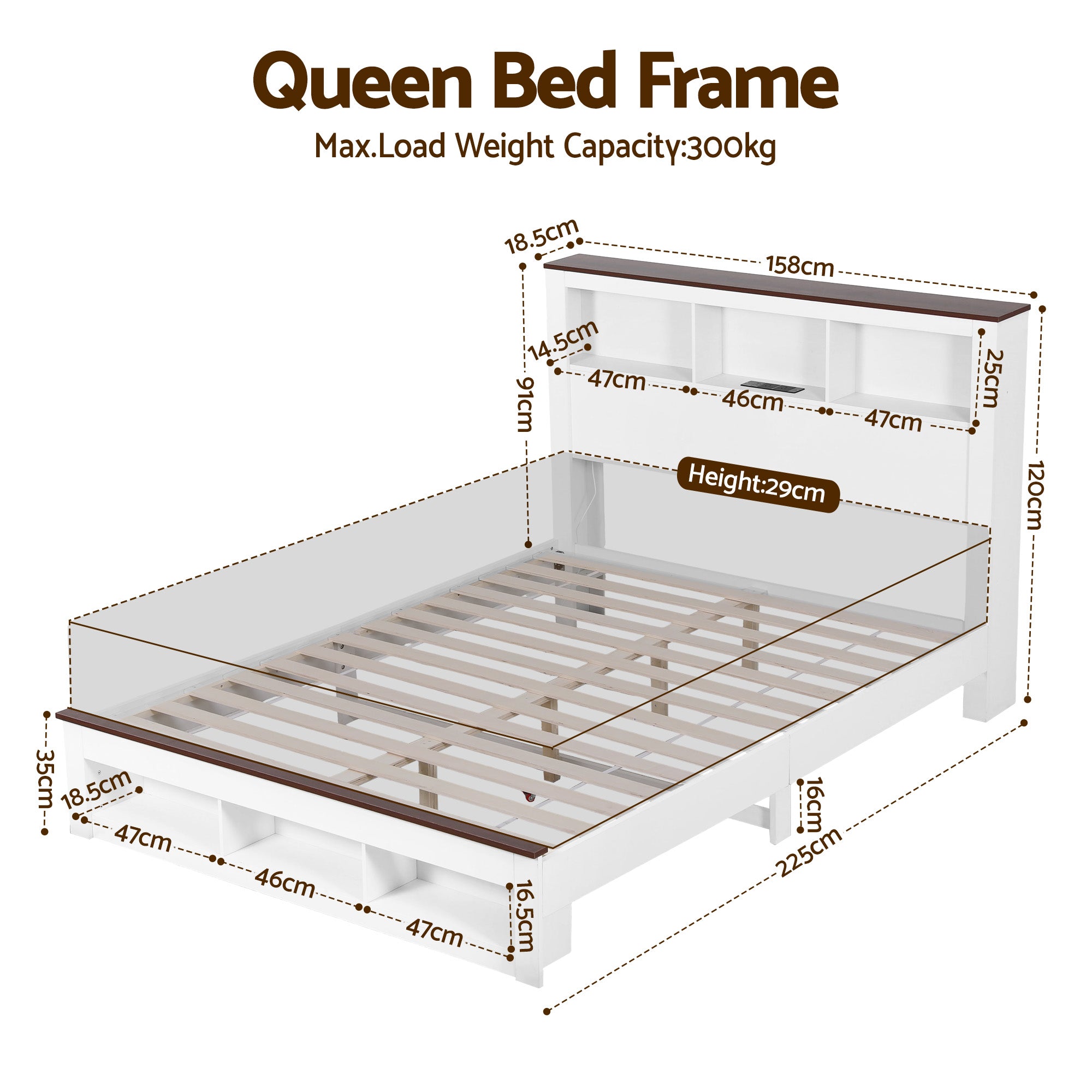 TV Units: Artiss Queen Bed Frame with Storage Bookcase Headboard and Footboard White Wooden Platform Bed with Charging Station and Led Light Bedroom Furniture