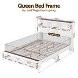 TV Units: Artiss Queen Bed Frame with Storage Bookcase Headboard and Footboard White Wooden Platform Bed with Charging Station and Led Light Bedroom Furniture