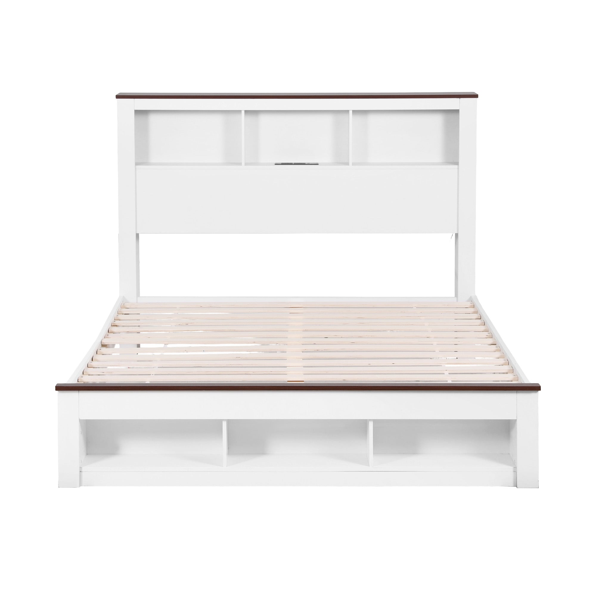 TV Units: Artiss Queen Bed Frame with Storage Bookcase Headboard and Footboard White Wooden Platform Bed with Charging Station and Led Light Bedroom Furniture