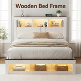 TV Units: Artiss Queen Bed Frame with Storage Bookcase Headboard and Footboard White Wooden Platform Bed with Charging Station and Led Light Bedroom Furniture