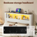 TV Units: Artiss Queen Bed Frame with Storage Bookcase Headboard and Footboard White Wooden Platform Bed with Charging Station and Led Light Bedroom Furniture
