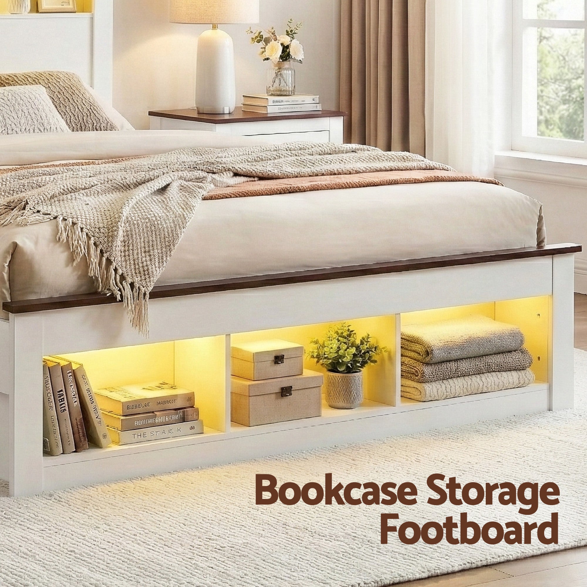 TV Units: Artiss Queen Bed Frame with Storage Bookcase Headboard and Footboard White Wooden Platform Bed with Charging Station and Led Light Bedroom Furniture