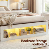 TV Units: Artiss Queen Bed Frame with Storage Bookcase Headboard and Footboard White Wooden Platform Bed with Charging Station and Led Light Bedroom Furniture