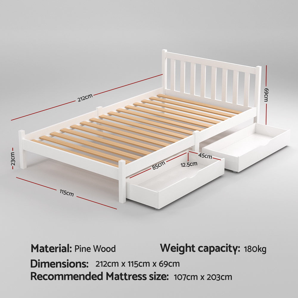 Beds & Bed Frames: Artiss Bed Frame King Single Size Wooden Platform with 2 Storage Drawers White