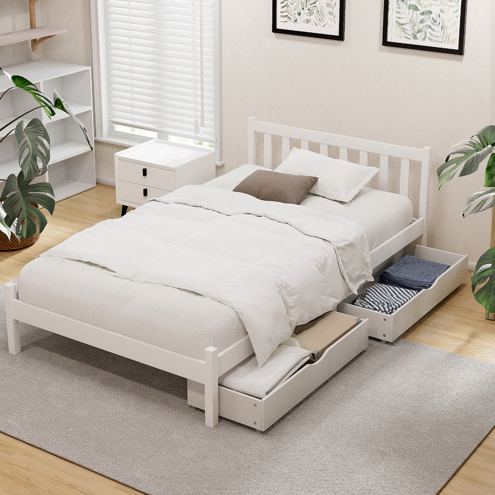 Beds & Bed Frames: Artiss Bed Frame King Single Size Wooden Platform with 2 Storage Drawers White